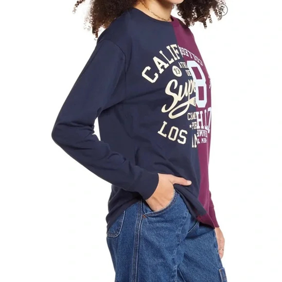 BP Split Sport Long Sleeve Graphic Top In Navy/Purple Redone Sport - Picture 2 of 9